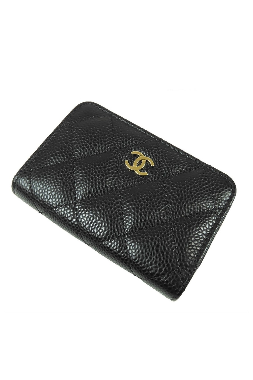 Chanel Classic Zip Coin Purse Black Gold Caviar Leather Quilted CC Logo Compact